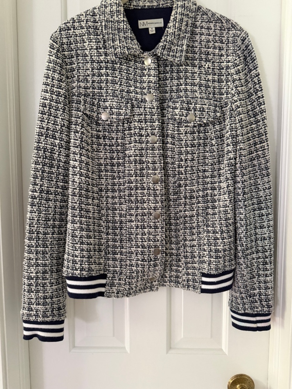 Neiman Marcus Navy and White Tweed Bomber Jacket